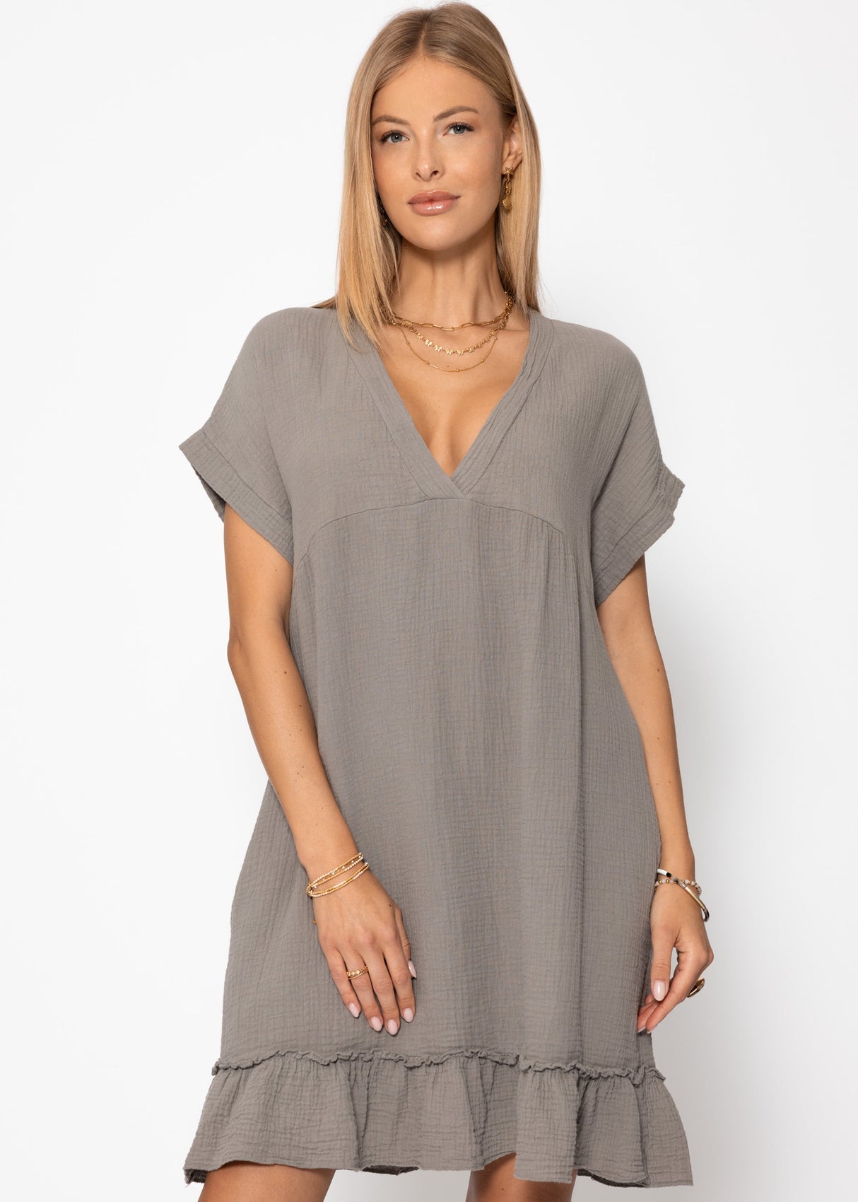 Musselin Kleid mit V-Ausschnitt - taupe