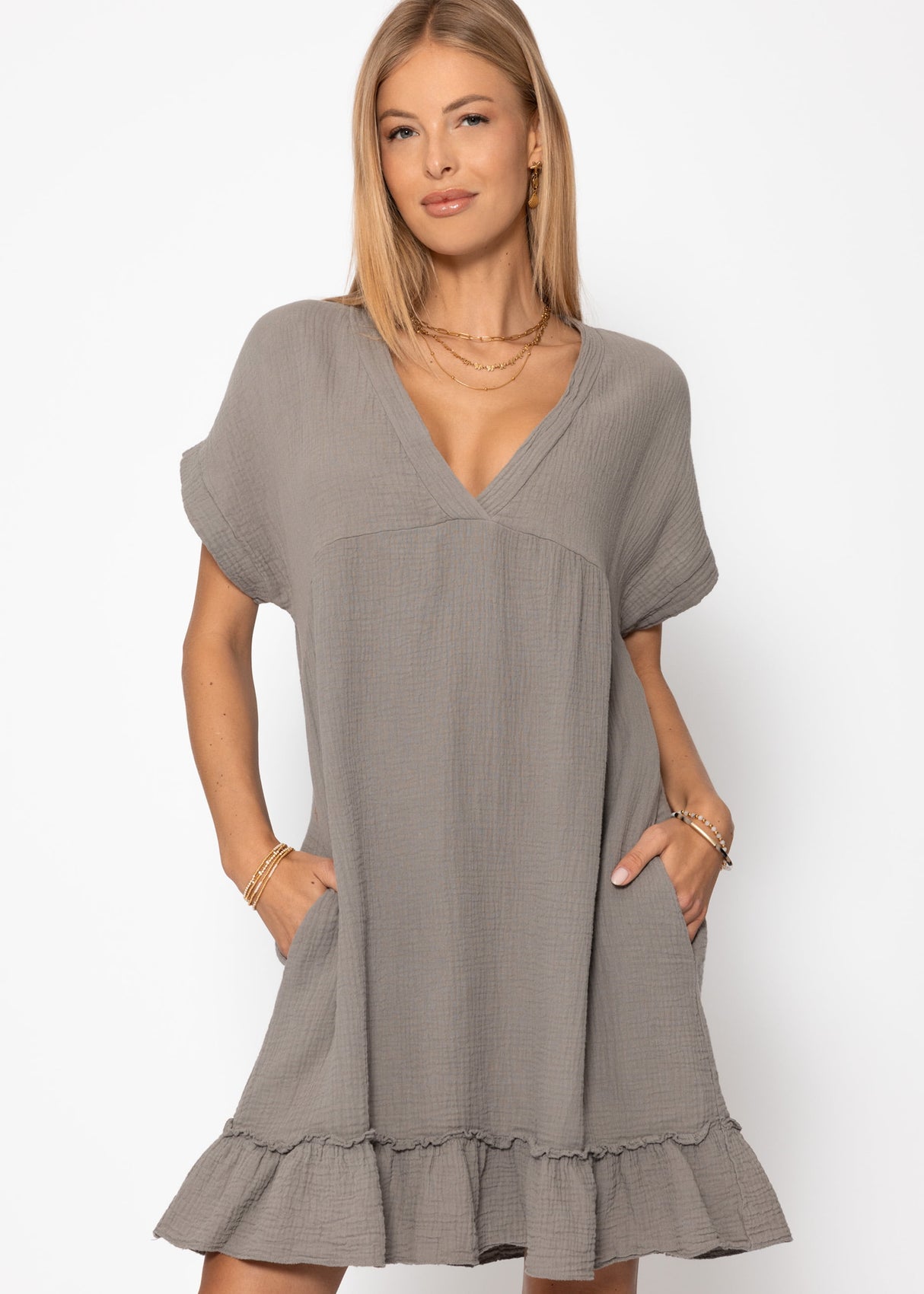 Musselin Kleid mit V-Ausschnitt - taupe