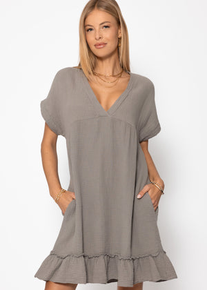 Musselin Kleid mit V-Ausschnitt - taupe
