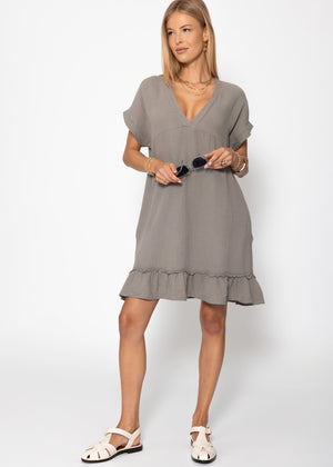 Musselin Kleid mit V-Ausschnitt - taupe