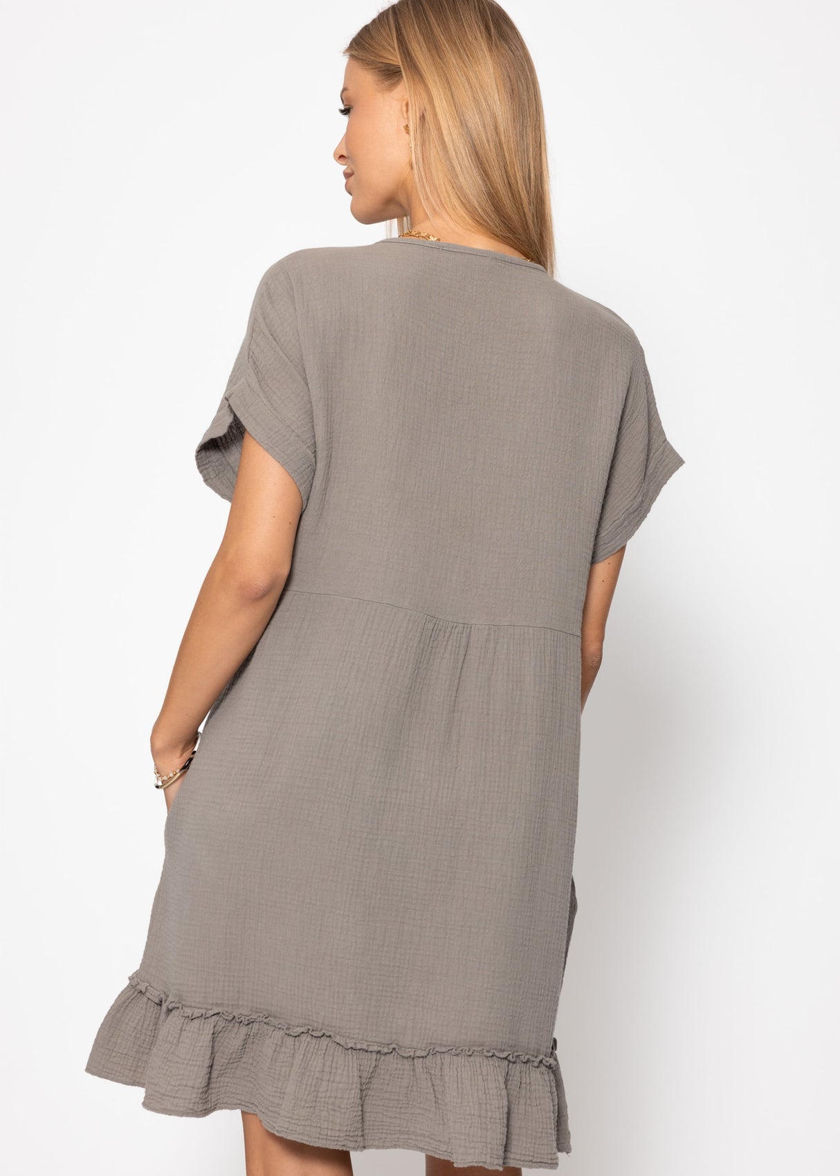 Musselin Kleid mit V-Ausschnitt - taupe