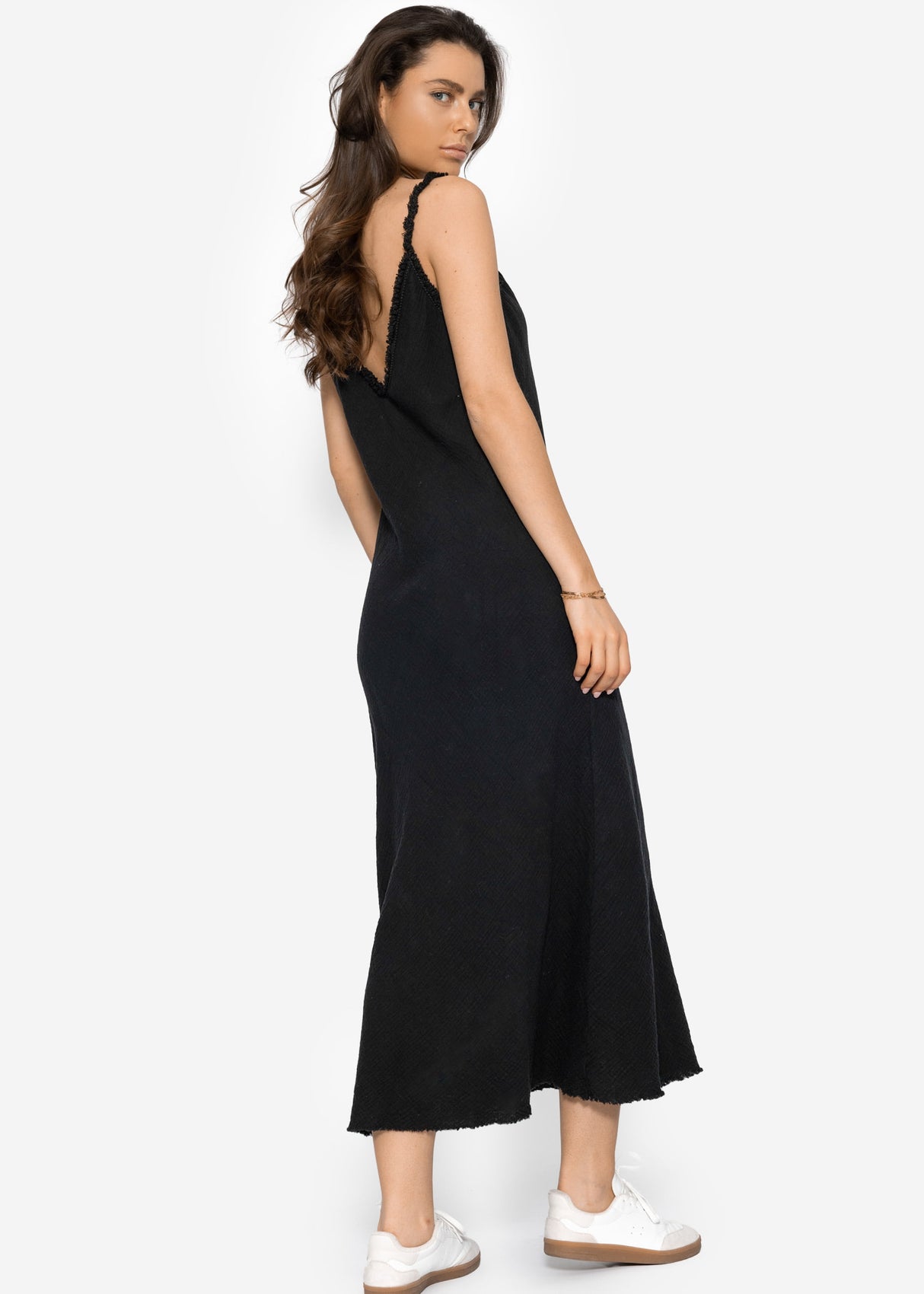 Musselin Maxi Kleid mit Fransenborte - schwarz