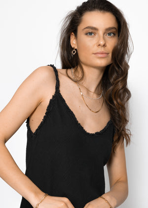 Musselin Maxi Kleid mit Fransenborte - schwarz