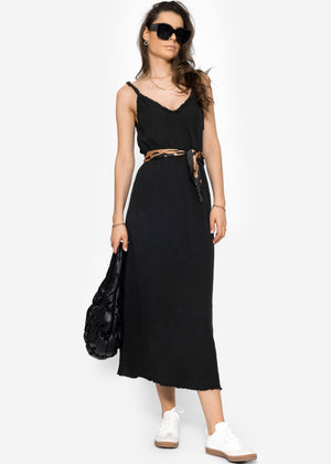 Musselin Maxi Kleid mit Fransenborte - schwarz