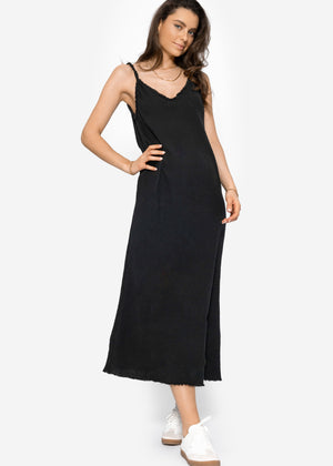 Musselin Maxi Kleid mit Fransenborte - schwarz