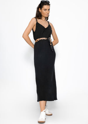 Musselin Maxi Kleid mit Fransenborte - schwarz