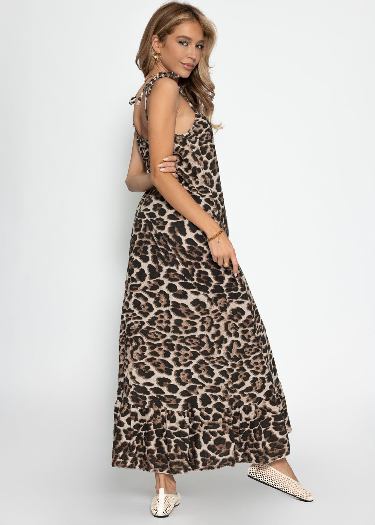 Musselin Maxi Kleid mit Leo-Print - braun-beige