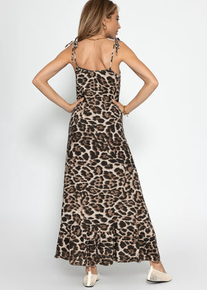 Musselin Maxi Kleid mit Leo-Print - braun-beige