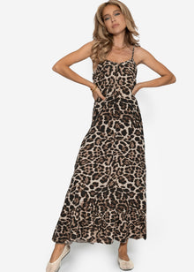 Musselin Maxi Kleid mit Leo-Print - braun-beige