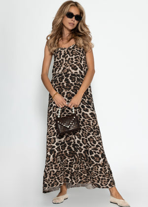 Musselin Maxi Kleid mit Leo-Print - braun-beige