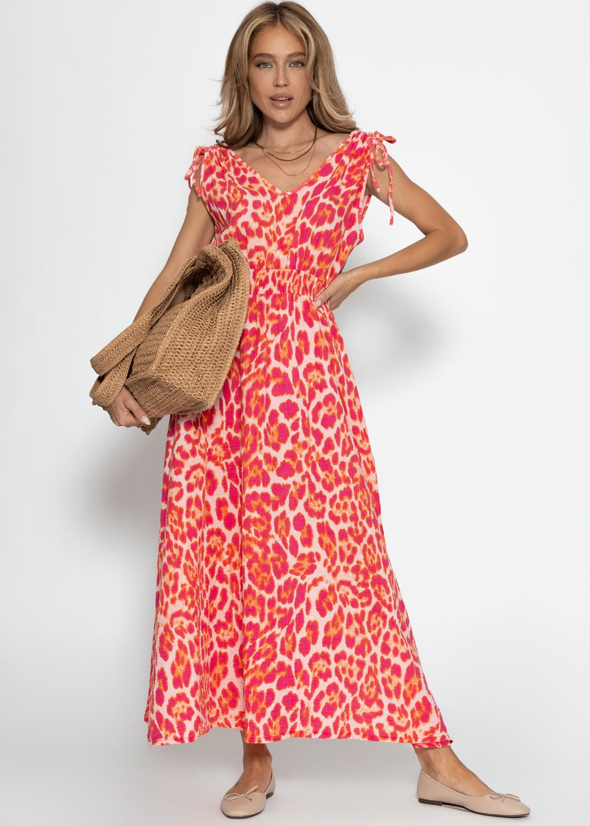 Musselin Maxi Kleid mit Leo-Print - pink