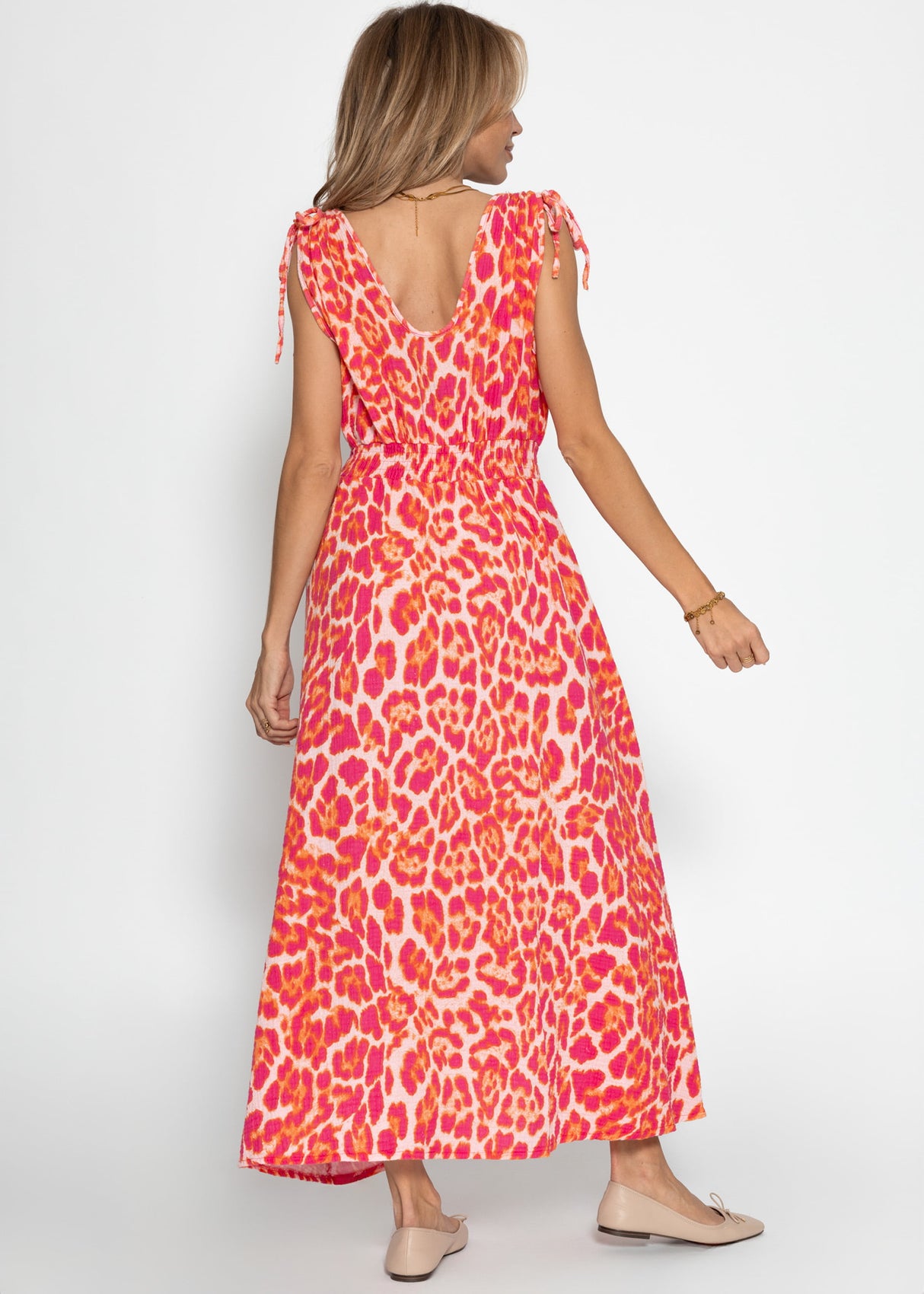 Musselin Maxi Kleid mit Leo-Print - pink