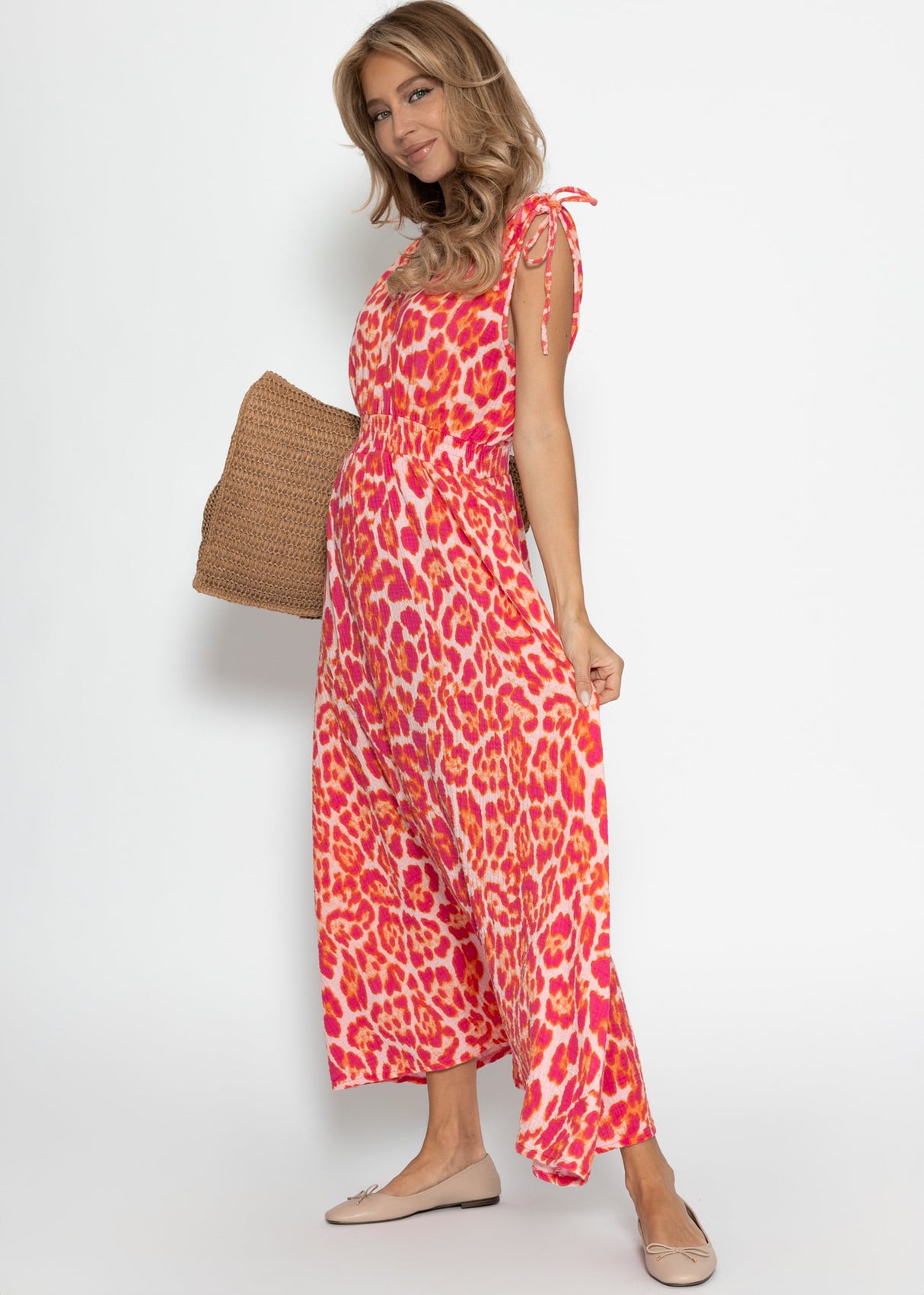 Musselin Maxi Kleid mit Leo-Print - pink