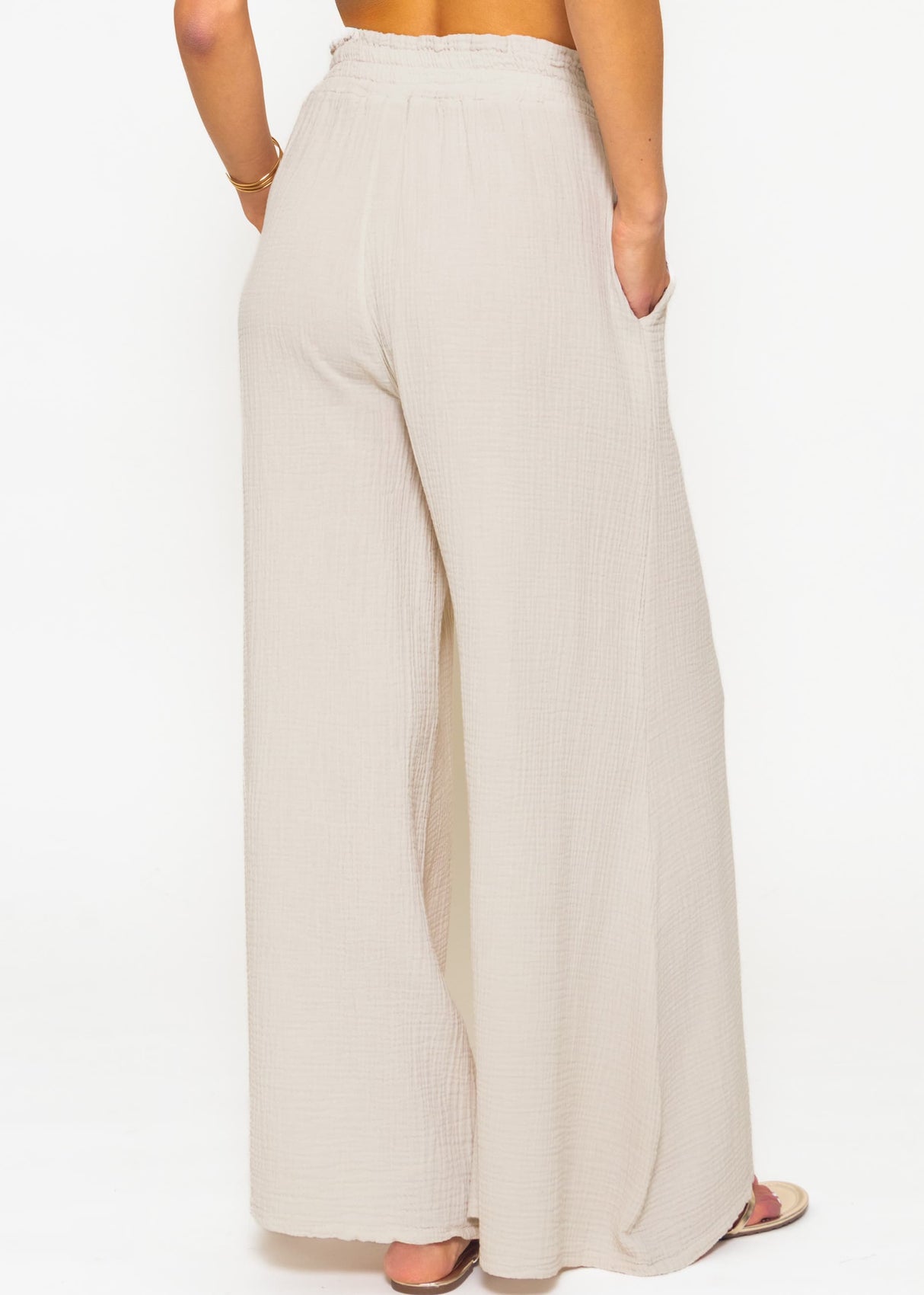 Musselin Pants mit weitem Bein, hellbeige