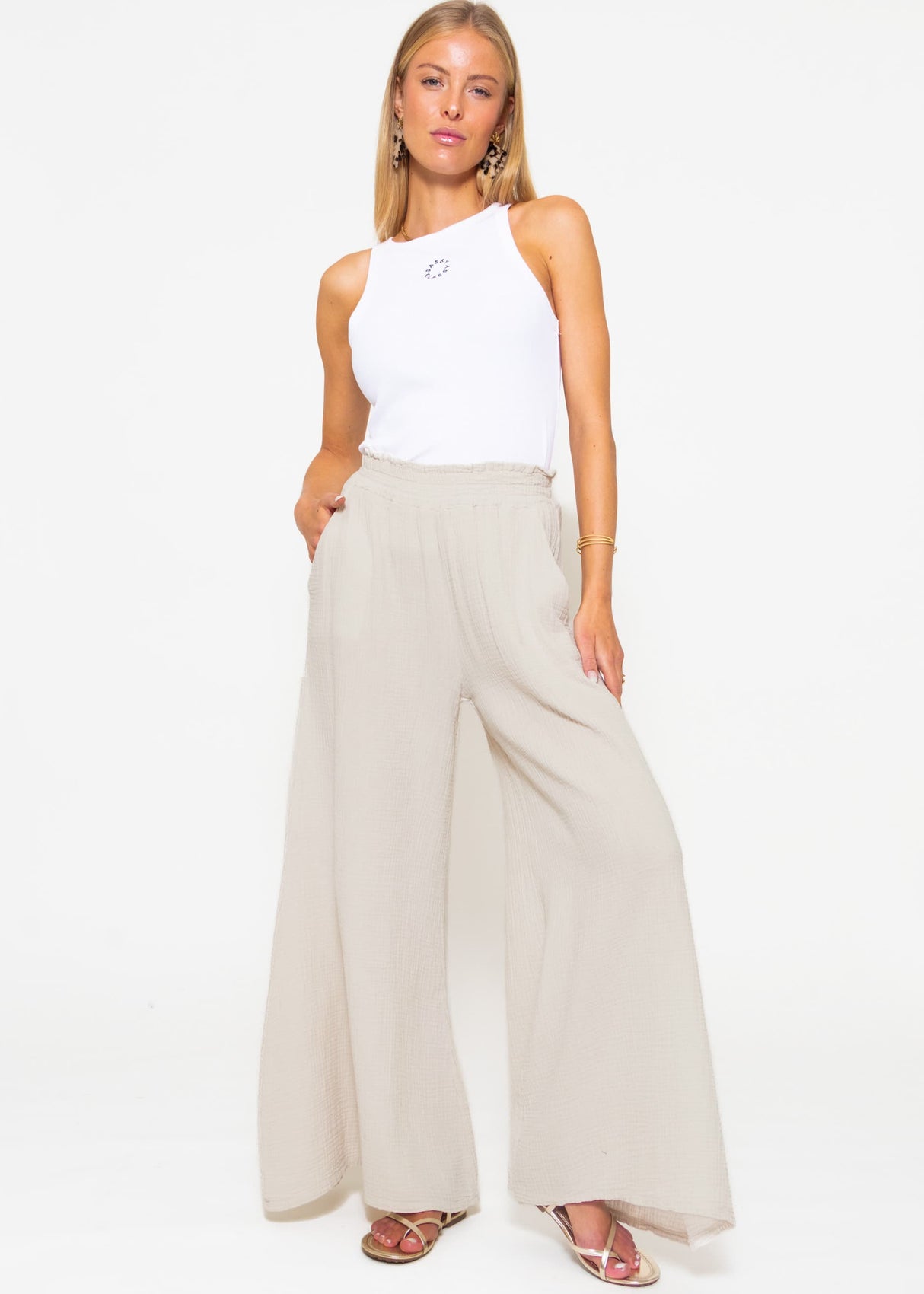 Musselin Pants mit weitem Bein, hellbeige
