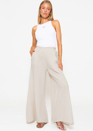 Musselin Pants mit weitem Bein, hellbeige
