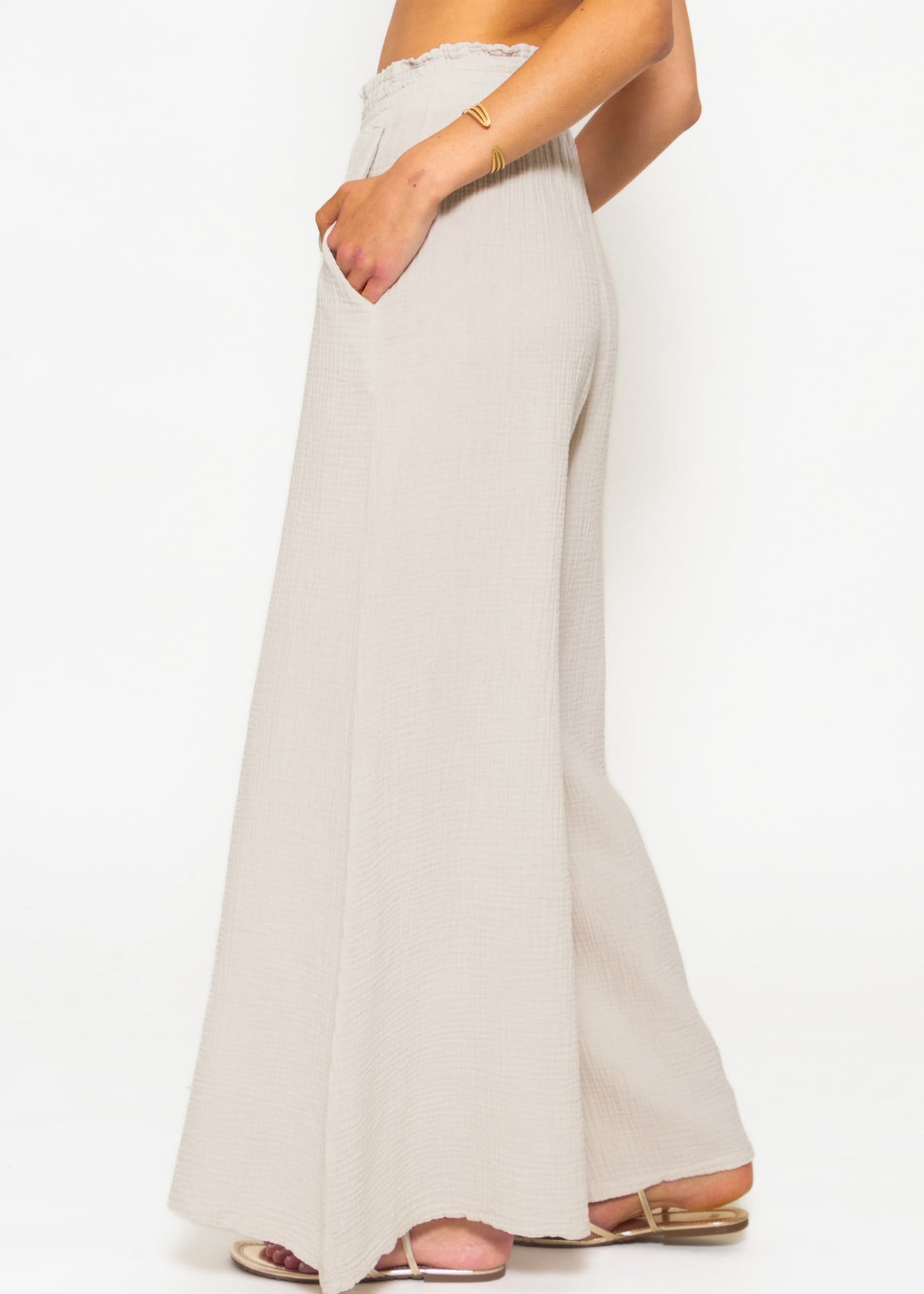 Musselin Pants mit weitem Bein, hellbeige