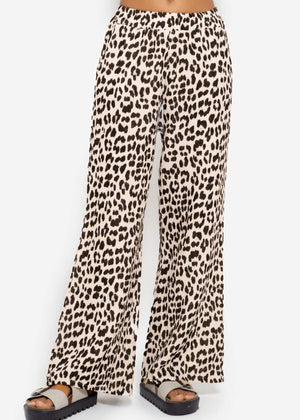 Wide-leg muslin pants in leopard print - light beige