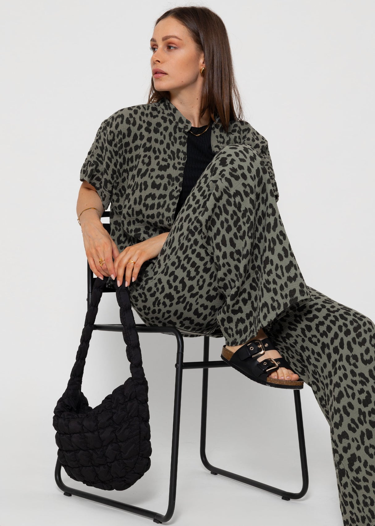 Wide-leg muslin pants in leopard print - khaki