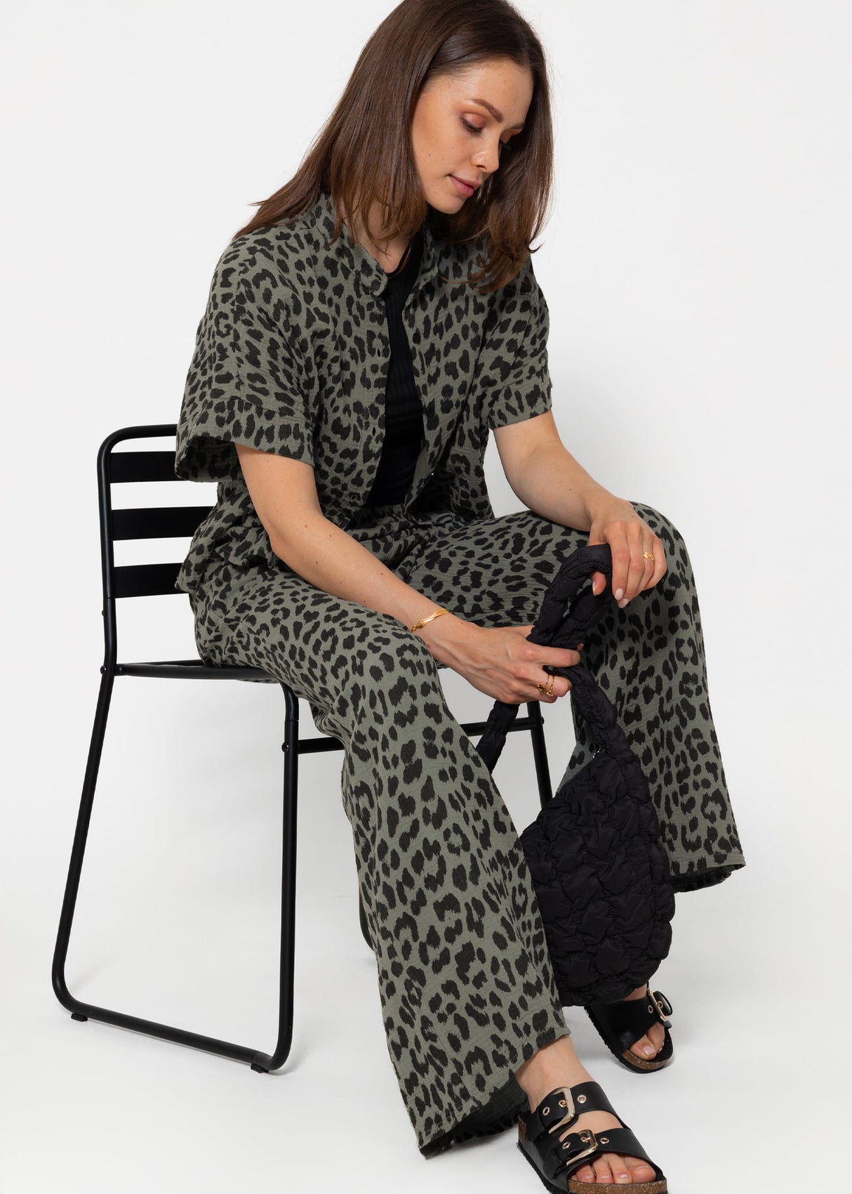 Wide-leg muslin pants in leopard print - khaki