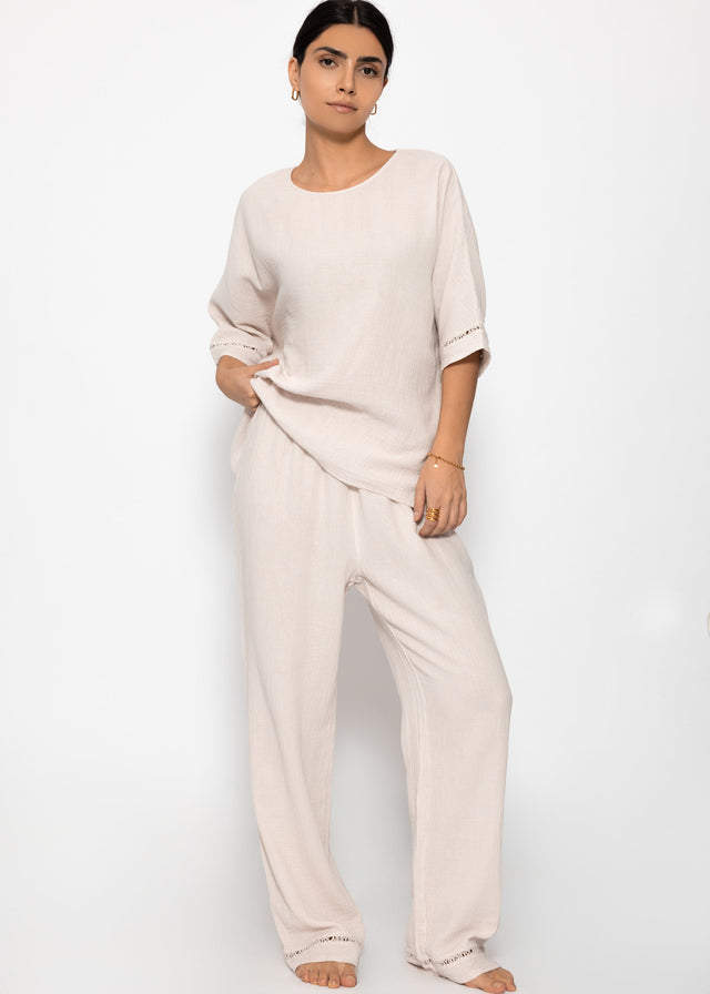 Musselin Pyjamahose mit Spitzenborte - hellbeige