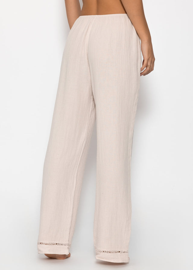 Musselin Pyjamahose mit Spitzenborte - hellbeige
