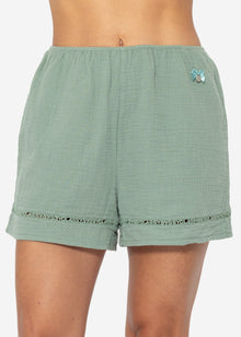 Muslin pajama shorts with lace trim - sage green