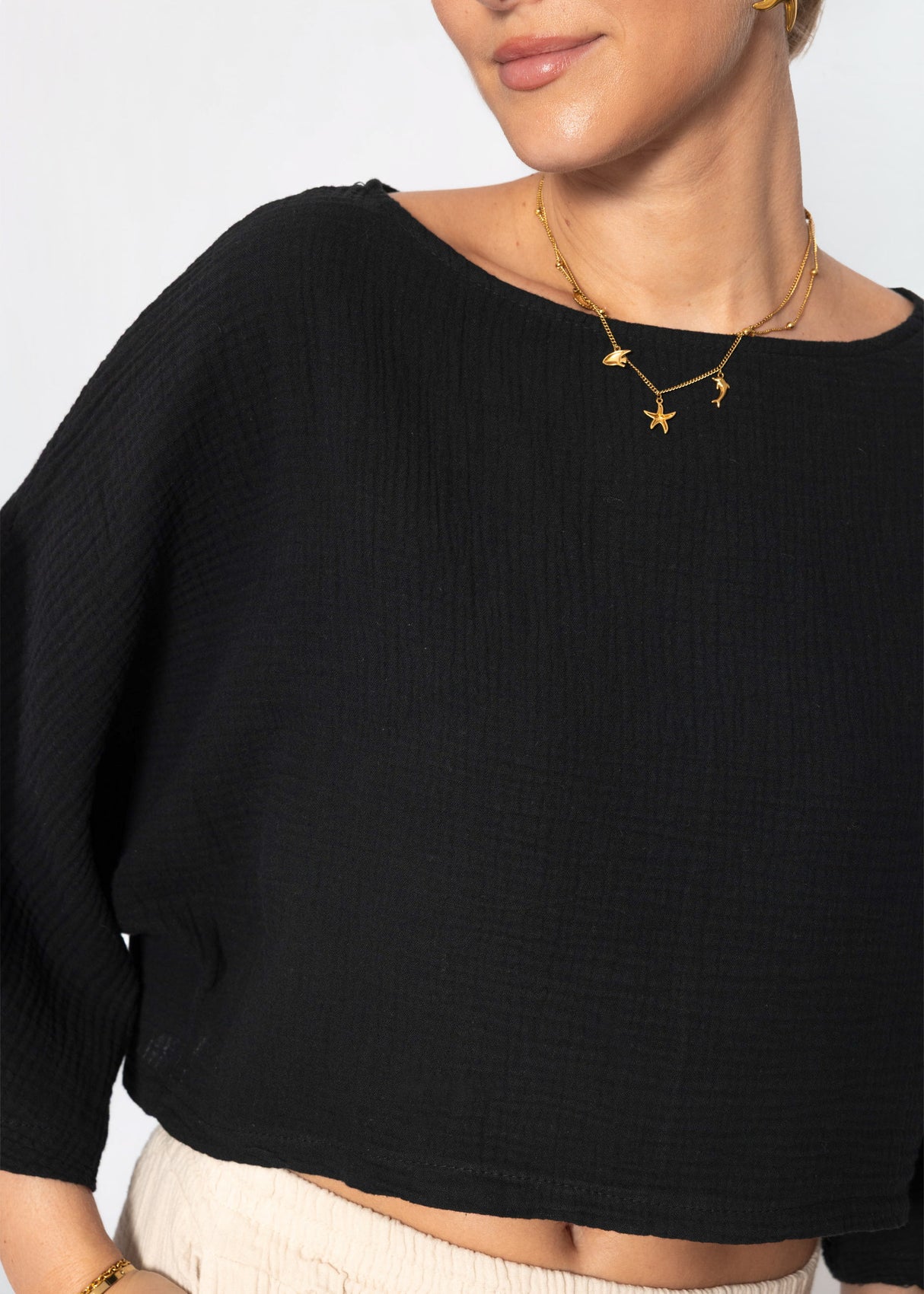 Musselin Shirt mit Fledermausärmeln - schwarz