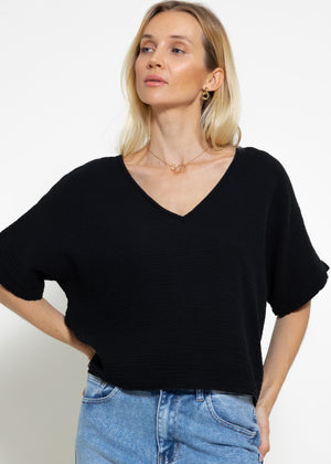 Musselin Shirt mit V-Ausschnitt - schwarz