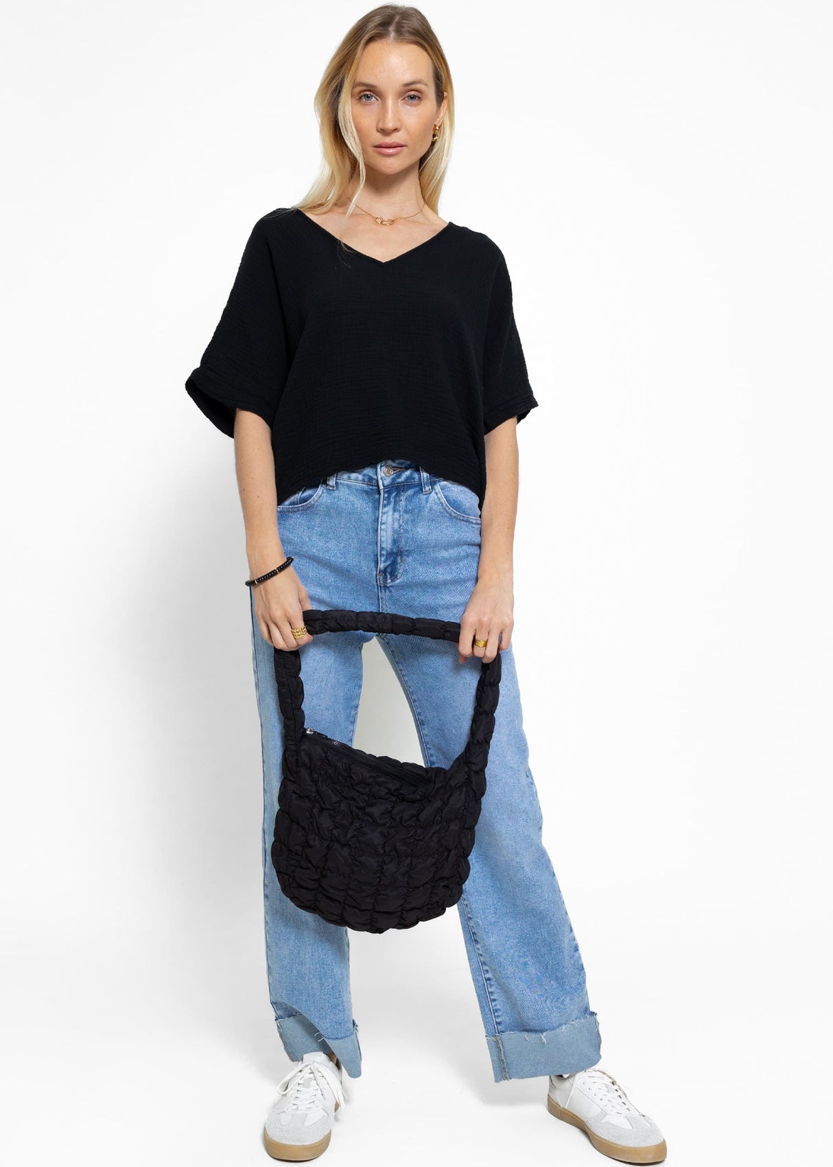 Musselin Shirt mit V-Ausschnitt - schwarz
