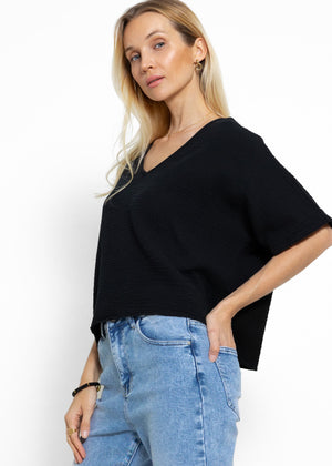 Musselin Shirt mit V-Ausschnitt - schwarz