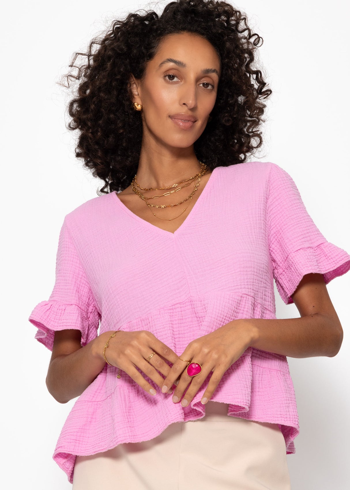 Musselin Shirt mit Volants - rosa