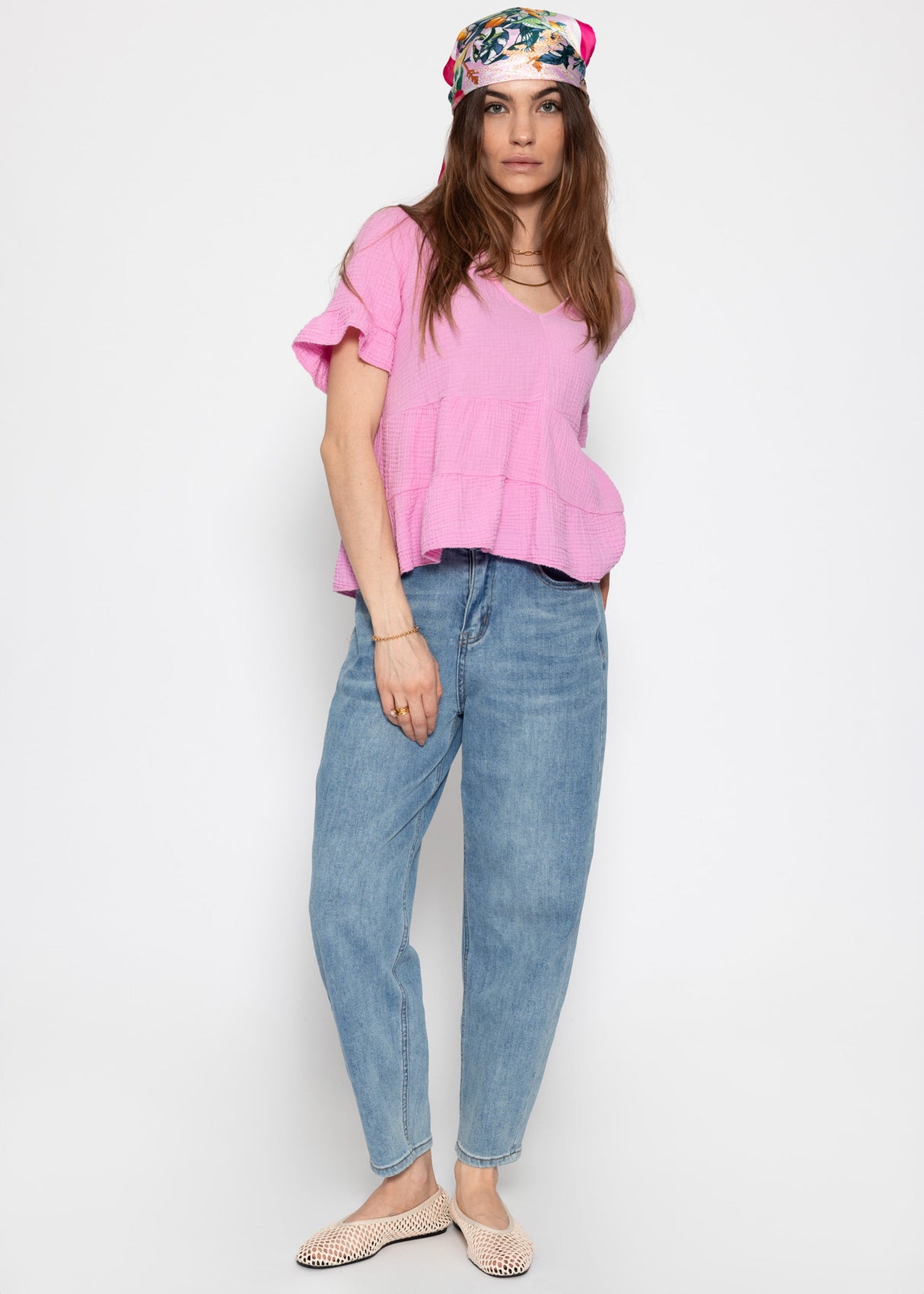 Musselin Shirt mit Volants - rosa