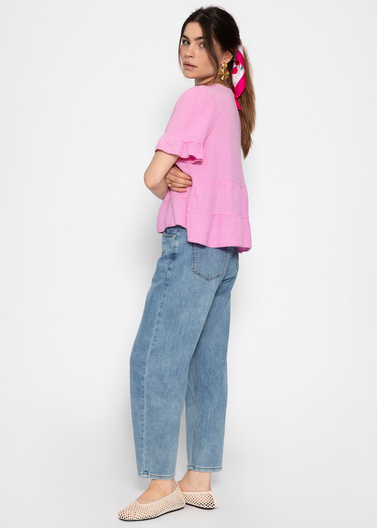 Musselin Shirt mit Volants - rosa