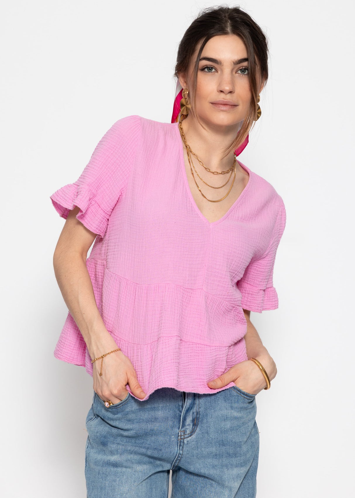 Musselin Shirt mit Volants - rosa