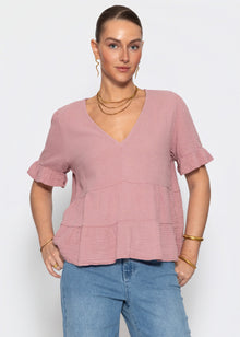 Musselin Shirt mit Volants und tiefem V-Ausschnitt - altrosa