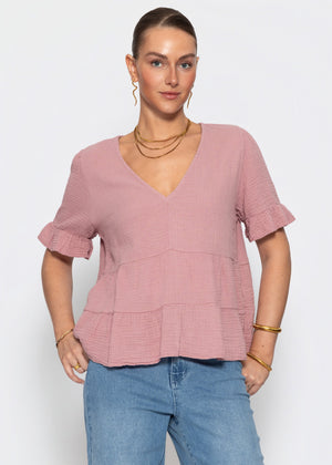 Musselin Shirt mit Volants und tiefem V-Ausschnitt - altrosa