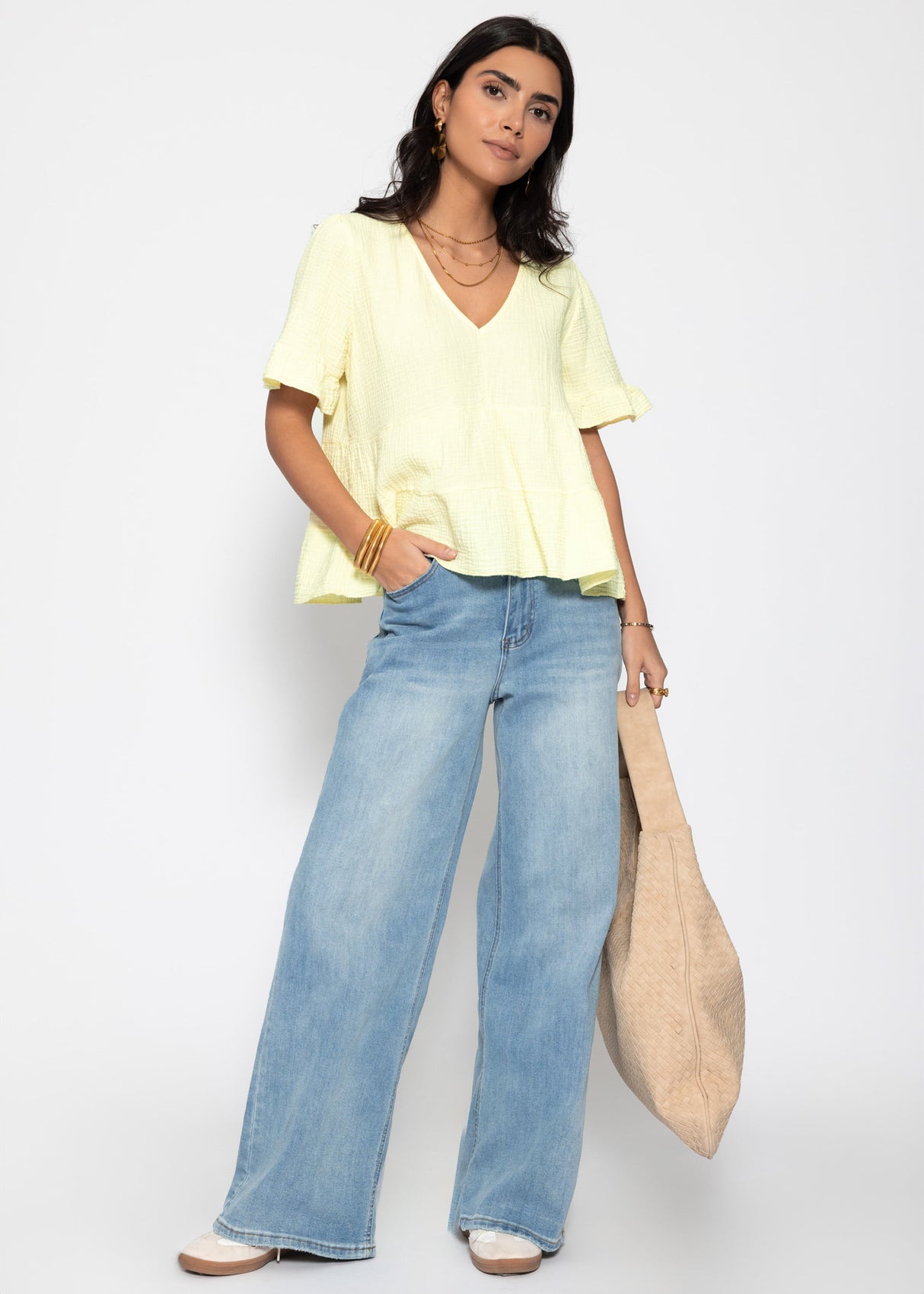 Muslin shirt with ruffles and deep V-neck - butter yellow