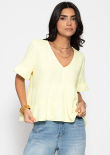 Muslin shirt with ruffles and deep V-neck - butter yellow