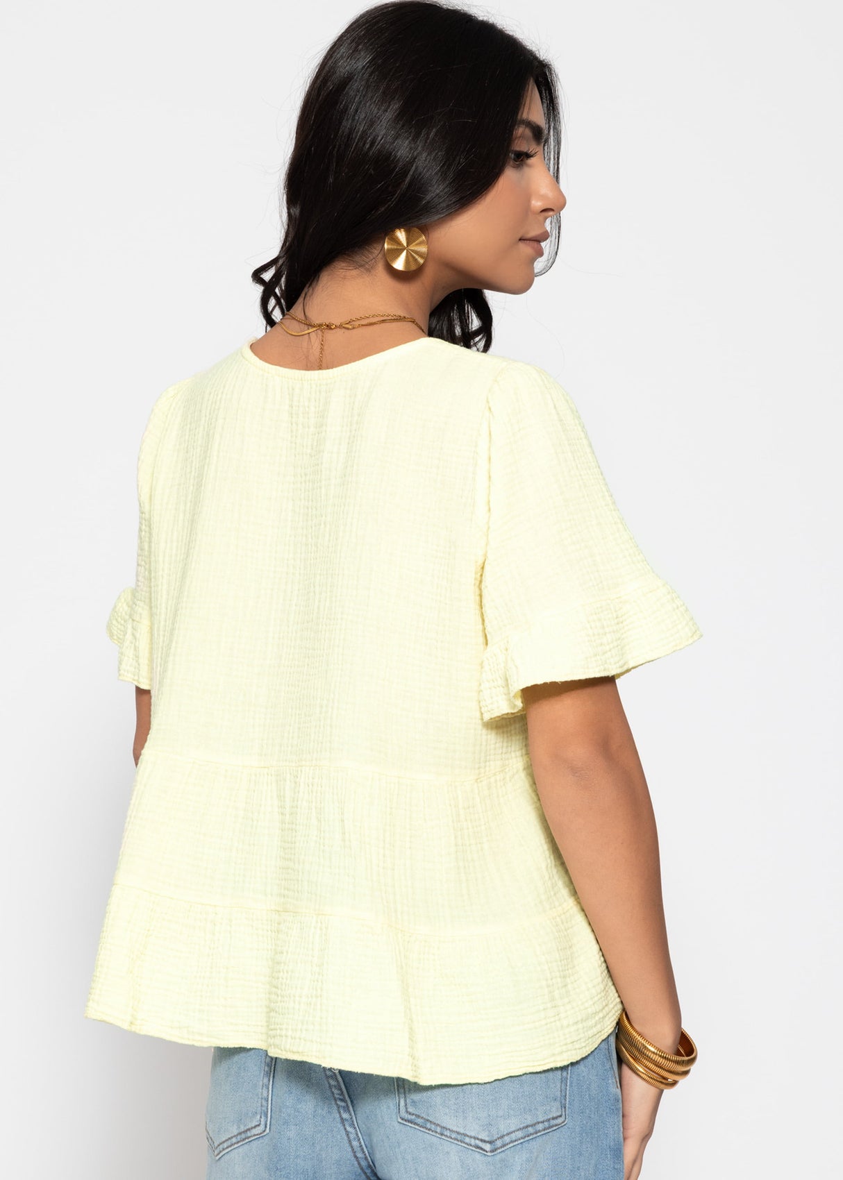 Muslin shirt with ruffles and deep V-neck - butter yellow