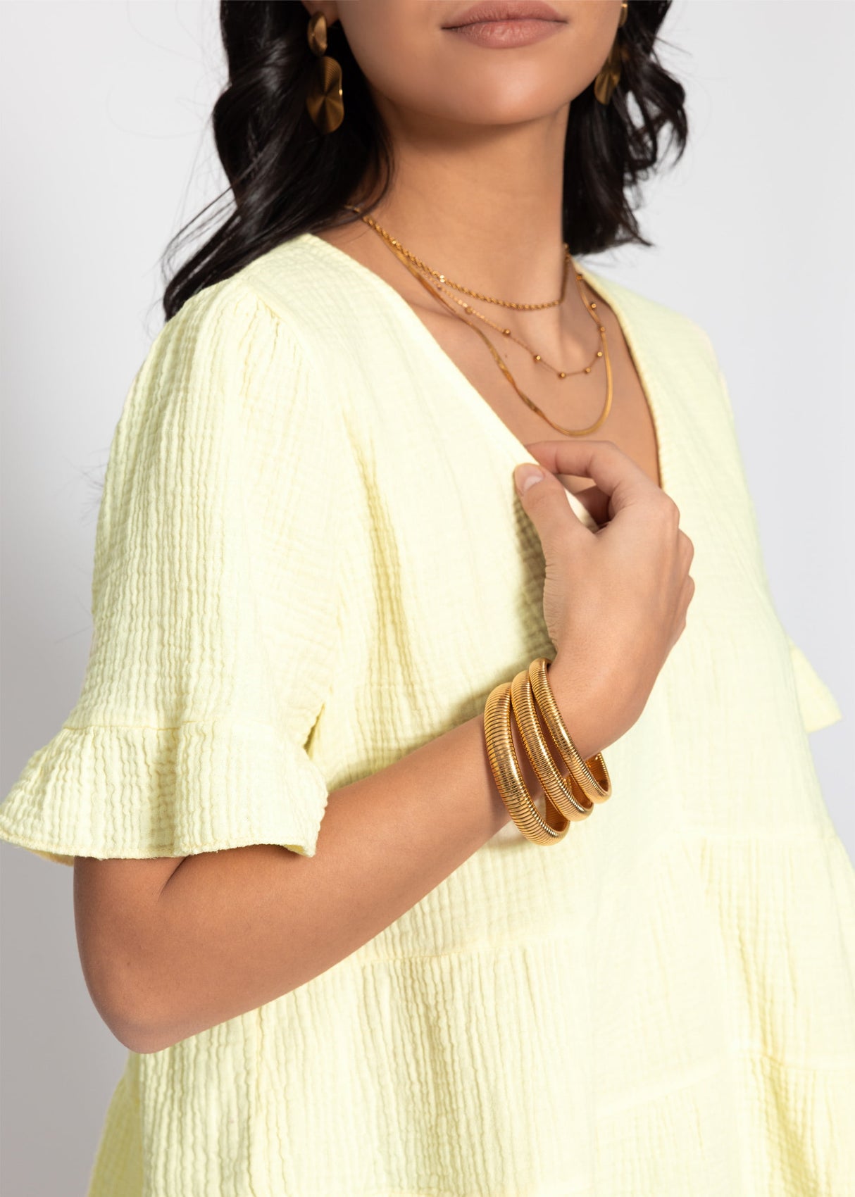 Muslin shirt with ruffles and deep V-neck - butter yellow