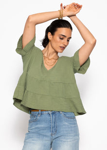 Musselin Shirt mit Volants und tiefem V-Ausschnitt - khaki
