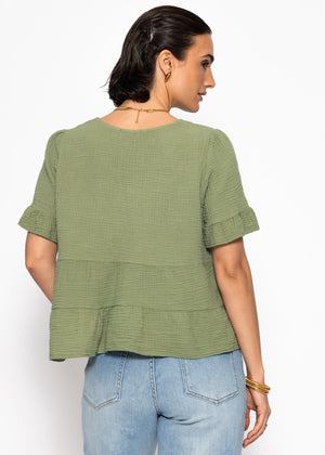 Musselin Shirt mit Volants und tiefem V-Ausschnitt - khaki