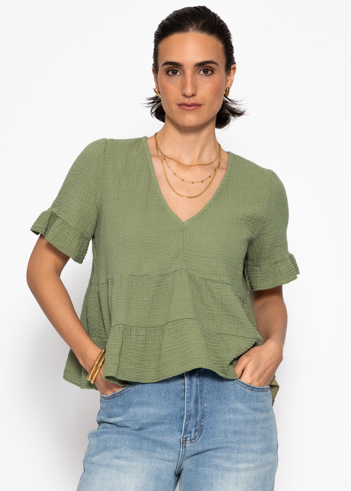 Musselin Shirt mit Volants und tiefem V-Ausschnitt - khaki