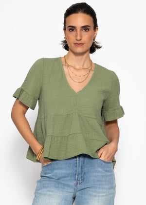 Musselin Shirt mit Volants und tiefem V-Ausschnitt - khaki