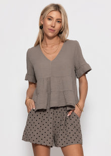 Musselin Shirt mit Volants und tiefem V-Ausschnitt - taupe