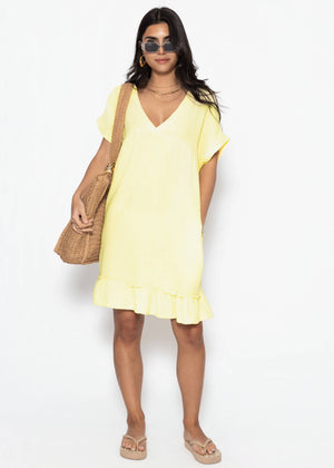 Muslin dress with V-neck - butter yellow
