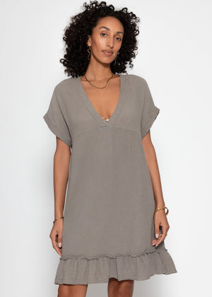 Muslin dress with V-neck - taupe
