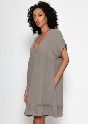 Muslin dress with V-neck - taupe