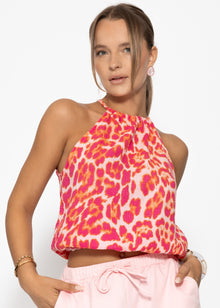Shoulder -free Musselin Top with Leo -Print - Pink